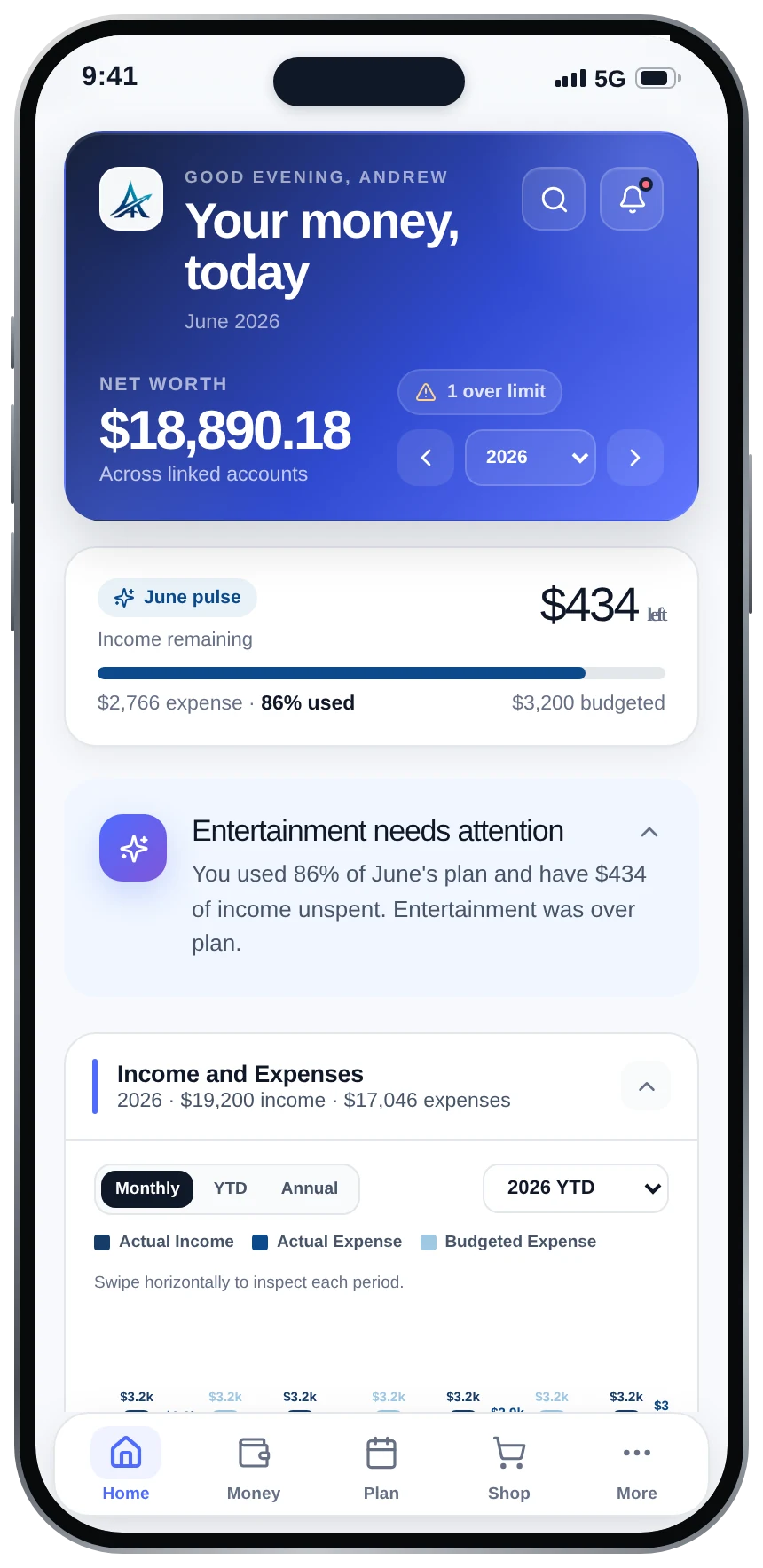 Allontas home screen showing net worth, monthly budget remaining and an income versus expenses chart